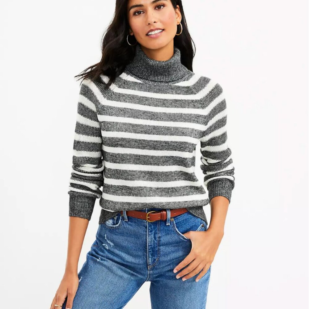 Striped Stitchy Turtleneck Sweater View 2